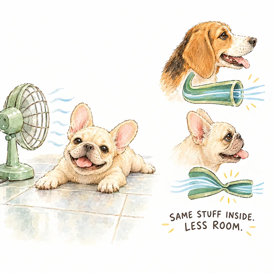 Noodle the French Bulldog puppy lying belly down on cool tile in front of a fan