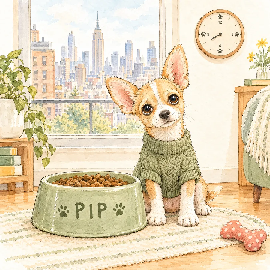 Pip the tiny Chihuahua mix in a knit sweater next to a food bowl nearly as big as he is