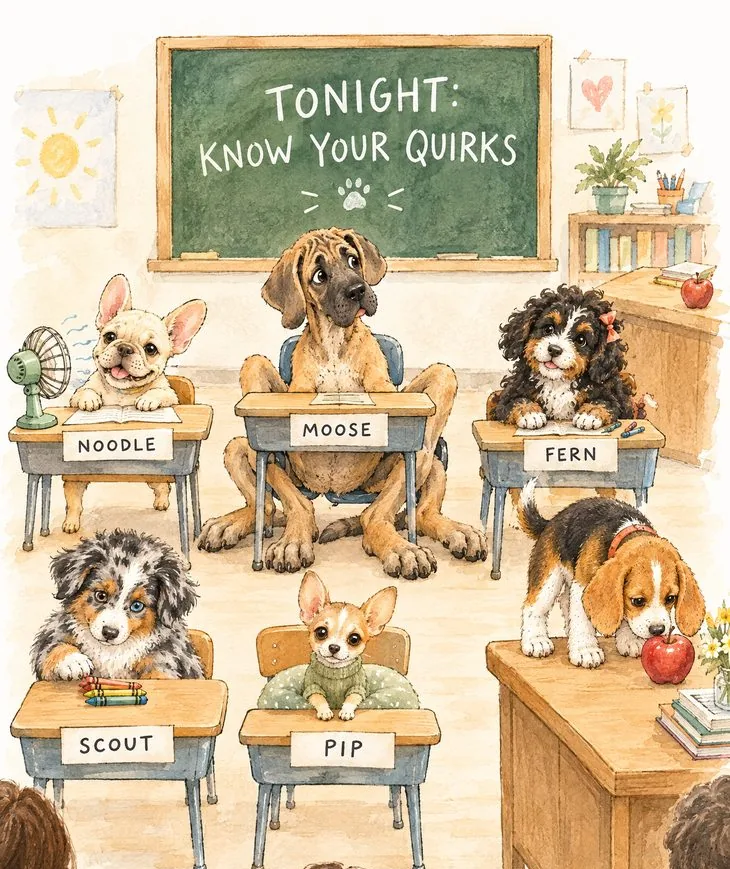 A cartoon classroom on parents' night with six tiny desks and name cards for Noodle, Moose, Fern, Scout, Pip and Meatball.