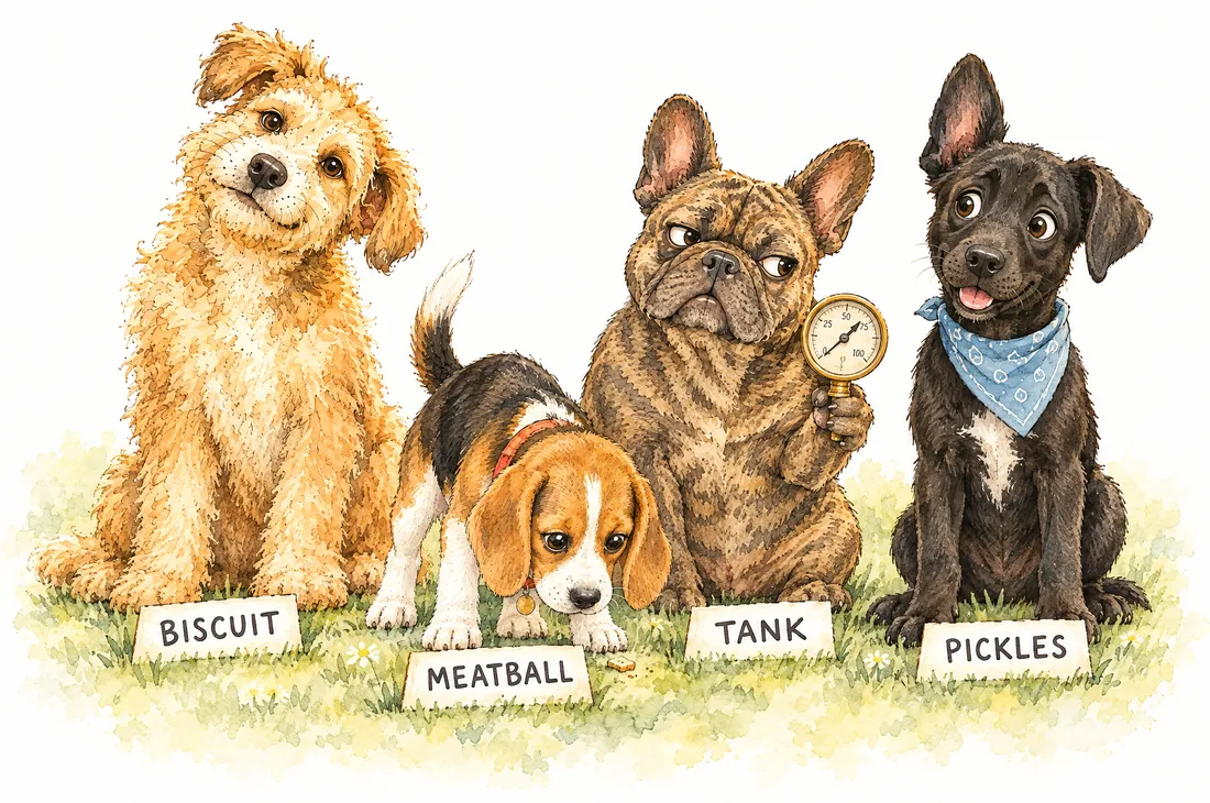 The cast in watercolor, sitting on the grass with name cards: Biscuit the golden doodle, Meatball the Beagle puppy sniffing a crumb, Tank the French Bulldog holding a pressure gauge, and Pickles the black Lab mix in a blue bandana.
