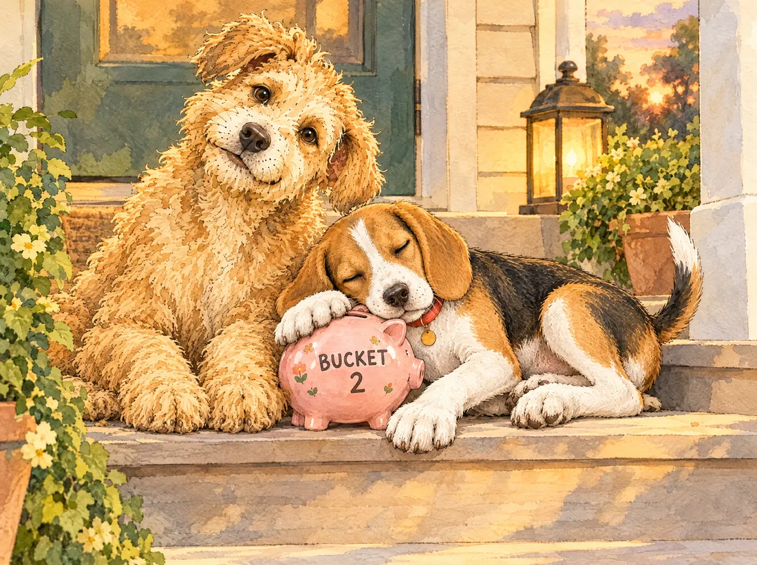 Evening on the porch: Meatball asleep with one paw on the Bucket 2 piggy bank, Biscuit lying beside him