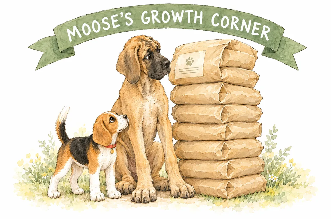 Moose the Great Dane puppy, all legs and paws, sitting beside a stack of food bags taller than Meatball and reading a label very seriously