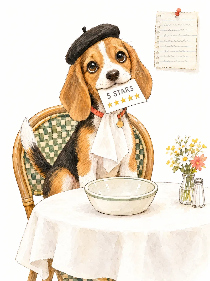 Meatball at a tiny restaurant table with a white tablecloth, a napkin in his collar and a beret, holding up a 5 stars card over an empty bowl