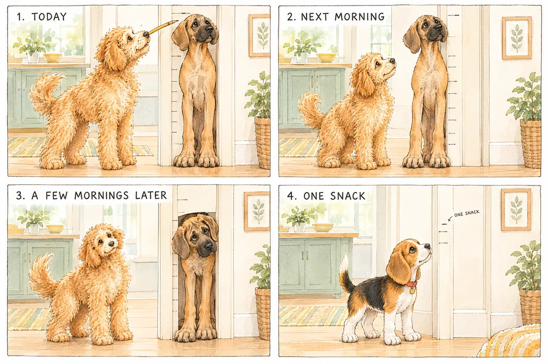 Four panels on a kitchen door frame: Biscuit marks Moose the Great Dane puppy's height, he's taller the next morning and ducking under the frame a few mornings later. In the last panel Meatball's new mark is one tiny notch up, labeled one snack.
