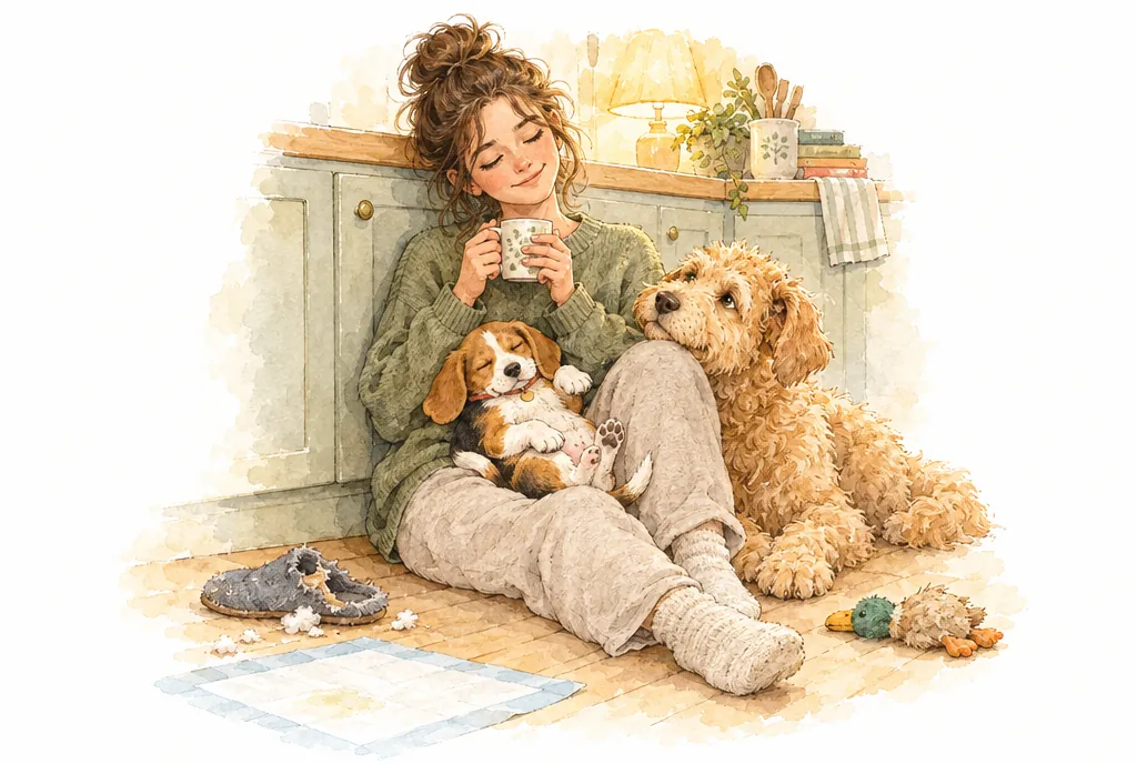 A tired young woman sits on the kitchen floor against the cabinets holding a mug, eyes closed. Meatball is asleep belly-up in her lap, a chewed slipper and a puppy pad nearby, and Biscuit rests her chin on the woman's knee.