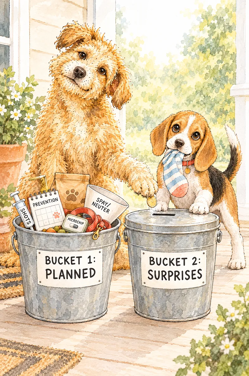Two tin buckets on a porch. Bucket 1, planned, holds shots, prevention, a spay/neuter cone, a microchip, food and a leash. Bucket 2, surprises, has a coin slot. Meatball has a sock in his mouth while Biscuit drops in a coin.
