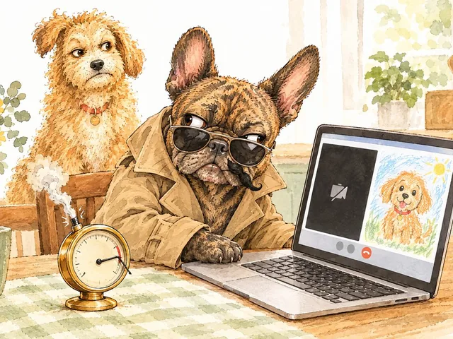Tank the French Bulldog in sunglasses and a trench coat, reading puppy advice on a laptop while Biscuit looks on.
