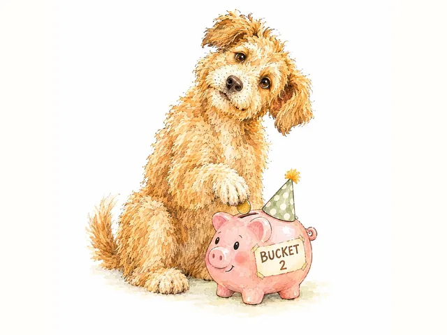 Biscuit the doodle sitting beside a pink piggy bank in a party hat labeled Bucket 2.