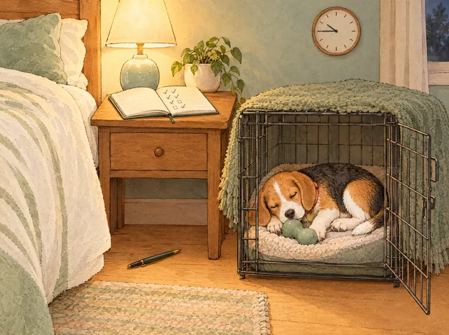 Watercolor: Meatball asleep in his crate right beside the bed at night, a lamp glowing on the nightstand