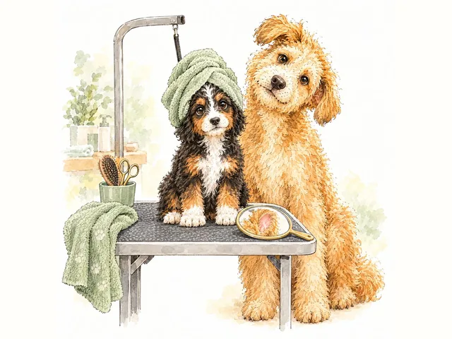 Fern the doodle puppy on a grooming table with a towel on her head, a hand mirror showing a clean pink ear.