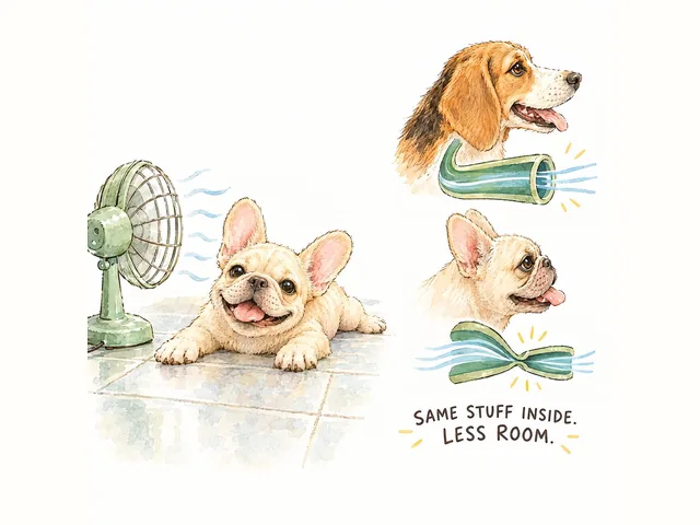 Noodle the flat-faced puppy lying belly down on a cool tile floor in front of a small fan, looking blissful.