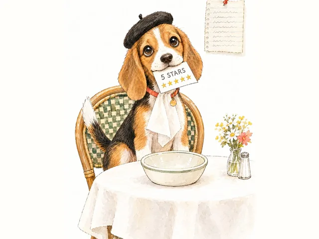 Meatball at a tiny bistro table in a beret, napkin tucked in his collar, his bowl licked perfectly clean.