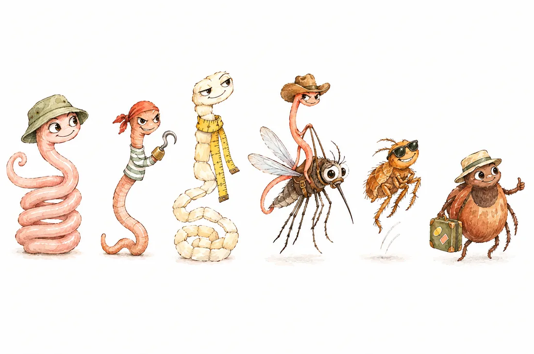 Watercolor cast of friendly cartoon parasites: a roundworm in a bucket hat, a pirate hookworm, a tapeworm in a measuring-tape scarf, a heartworm riding a mosquito, a flea in sunglasses and a tick with a suitcase