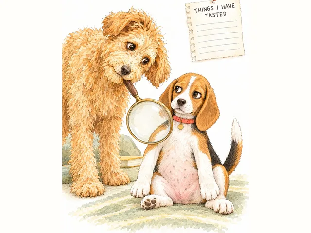 Biscuit the doodle inspects Meatball's pink puppy belly through a big magnifying glass, like a detective.