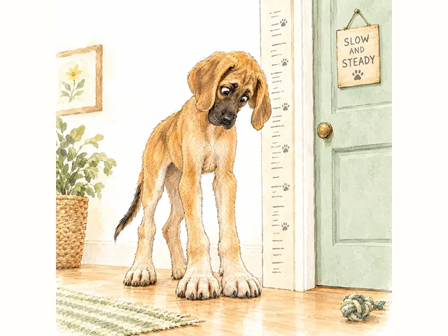 Moose the giant-breed puppy beside a door frame growth chart, looking down at his own enormous paws.