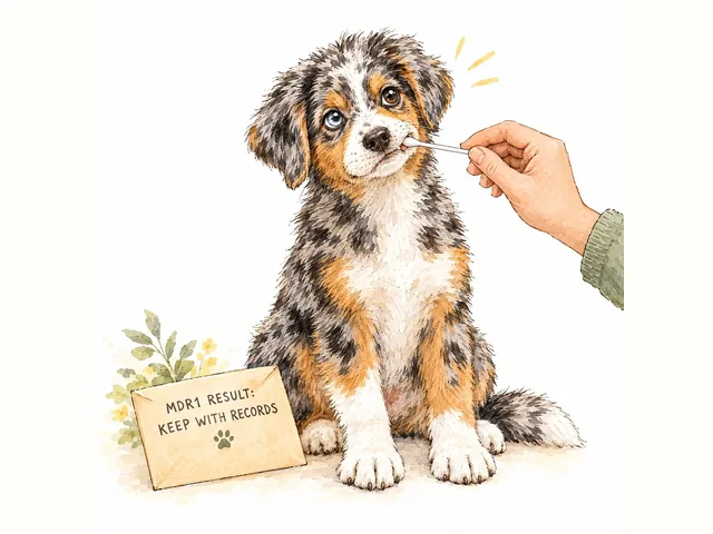 Scout the herding-breed puppy sitting very still while a cotton swab gently brushes the inside of his cheek.