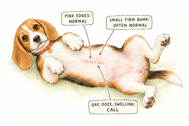 Calm diagram of Meatball's belly from below with a short neat line of stitches: a little pink at the edges is normal; a small firm bump is often normal; a gap, ooze or growing swelling means call