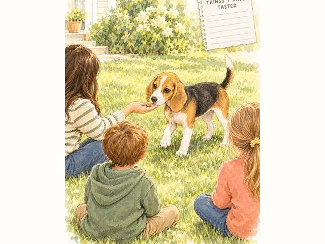 Three kids sitting in the grass as Meatball very politely takes a treat from a flat palm.
