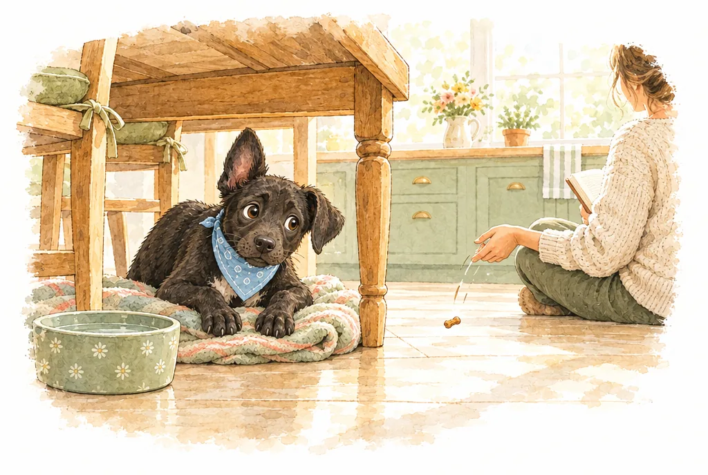 Pickles, a black Lab mix rescue puppy in a blue bandana, peeks out from under a kitchen table while her new person sits on the floor across the room, reading and tossing a treat her way.