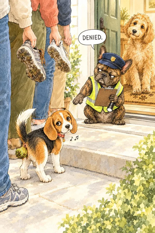 Watercolor of the Parvo Patrol: Tank the French Bulldog in a security cap and reflective vest checks the muddy shoes of visitors at the front door and says Denied, while Meatball tries to sneak past with a tennis ball and Biscuit waits inside.
