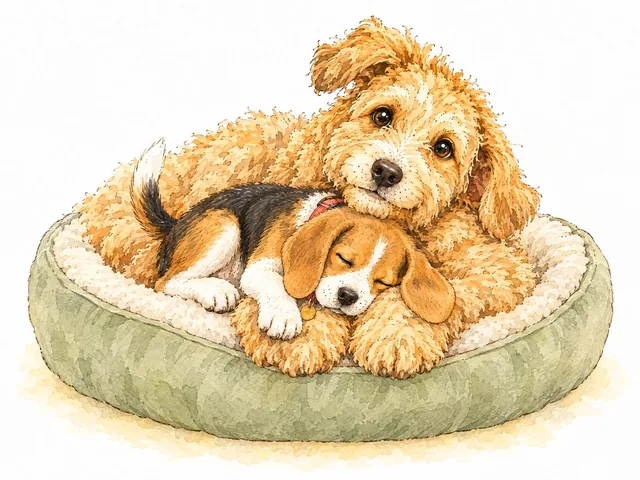 Meatball fast asleep on top of Biscuit in a green dog bed, Biscuit looking fond and a little tired.