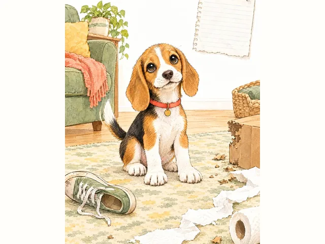 Meatball sitting proudly in a living room after a puppy tornado: a tipped shoe, a chewed box and a trail of paper towel.