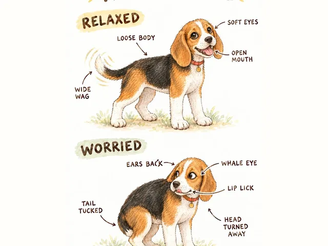 A body language poster: Meatball relaxed with a loose wiggly body, and Meatball worried with his tail tucked.