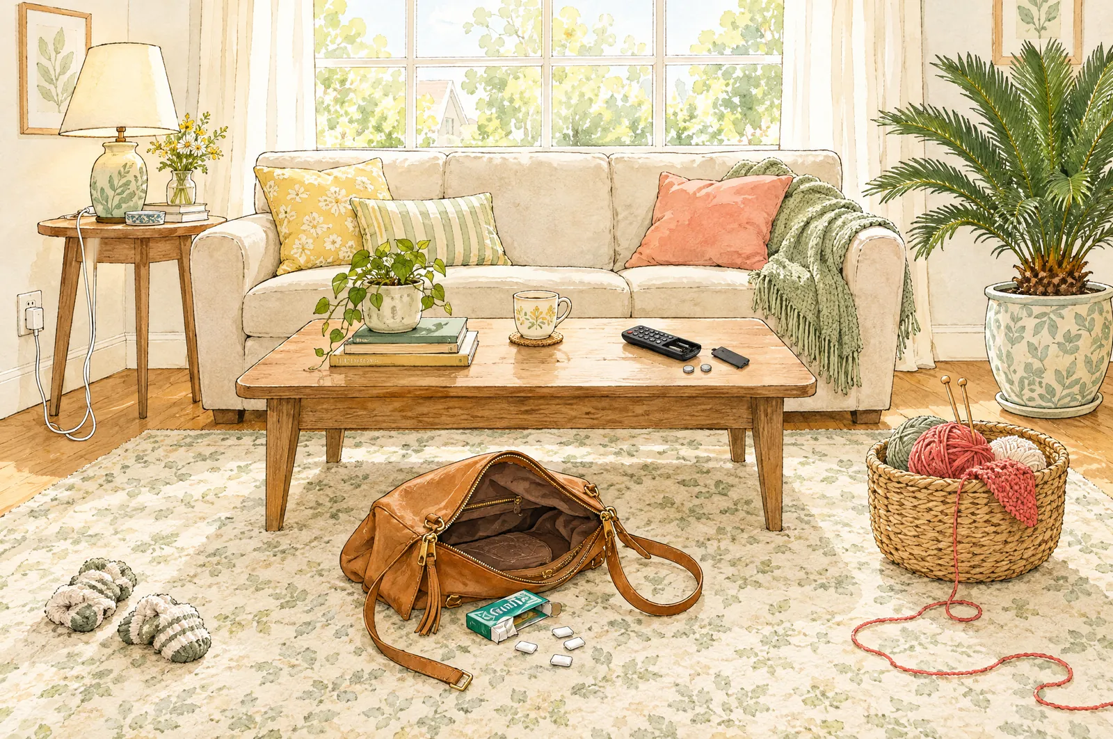 Watercolor living room: a sofa, a coffee table with a TV remote, a handbag on the rug, socks, a knitting basket and a big potted palm