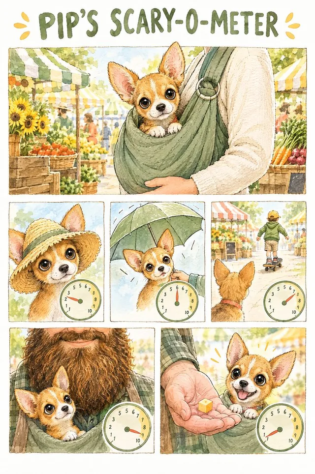 Watercolor: Pip the Chihuahua in a sling at a farmers market meets a straw hat, an umbrella, a skateboard and a bearded man; the Scary-o-Meter drops to 1 when the man offers cheese
