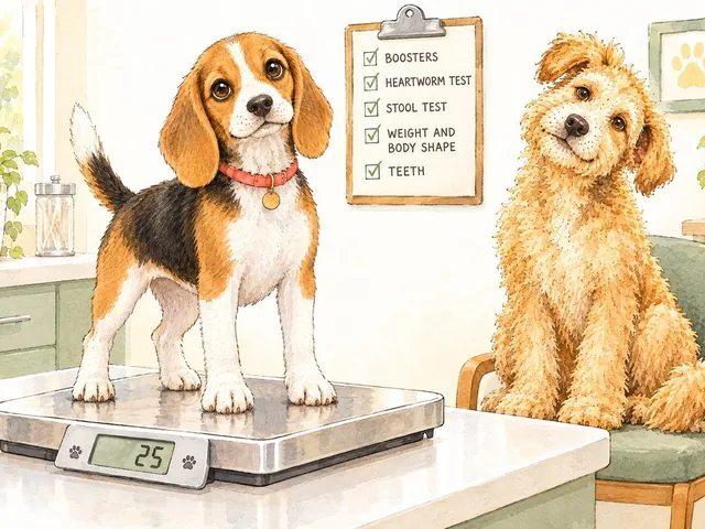 Meatball standing on the clinic scale beside a checklist of boosters and tests, with Biscuit watching from a chair.