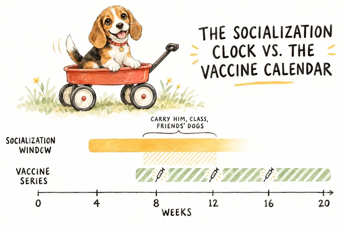 Watercolor chart: the socialization window fades out around 12 to 14 weeks while the vaccine series runs past 16 weeks, with Meatball in a red wagon