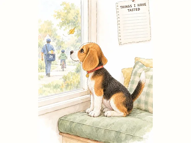Meatball on a window seat with his nose to the glass, watching a mail carrier and a kid on a bike go by.