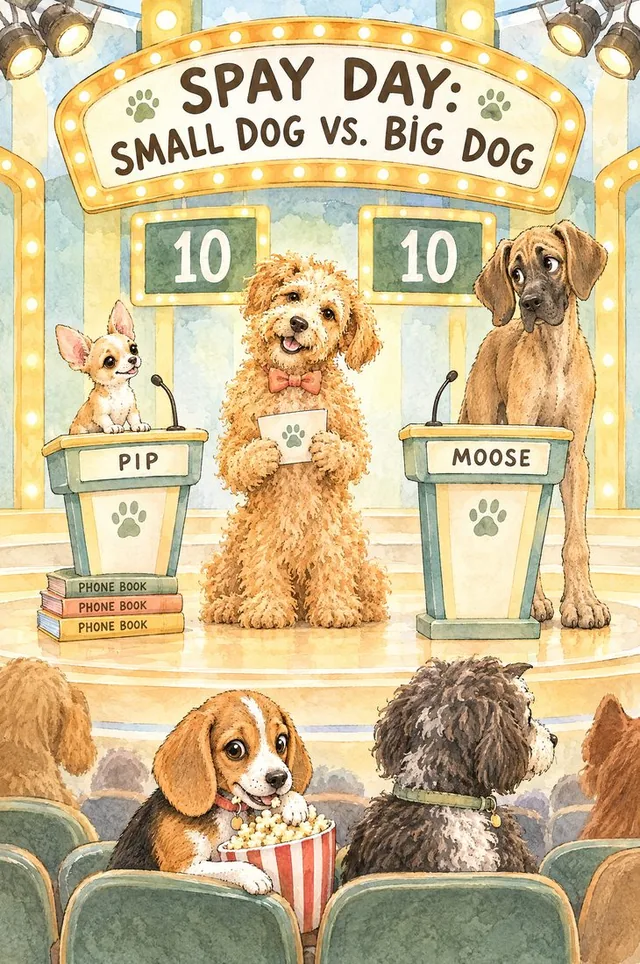 Watercolor game show, Spay Day: Small Dog vs. Big Dog. A Chihuahua and a Great Dane puppy at the podiums, Biscuit hosting, both scoring the same