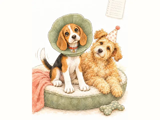 Meatball resting on his bed in a soft sage recovery cone, looking deeply wronged, tail still wagging.