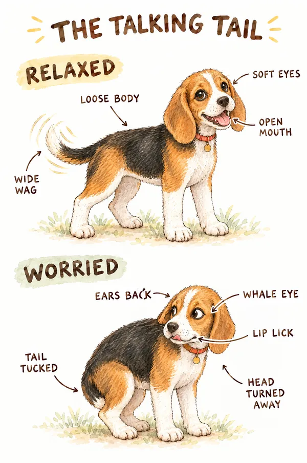 The Talking Tail: relaxed Meatball with soft eyes, open mouth and a wide wag above worried Meatball with ears back, whale eye, lip lick and tail tucked