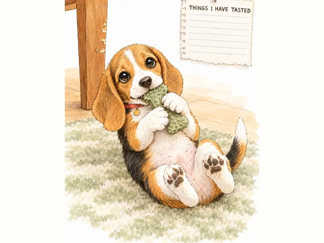 Meatball on his back on a rug, all four paws wrapped around a chew toy, a few tooth marks on the table leg behind him.