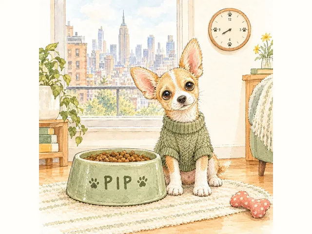 Pip the toy-breed puppy in a little sage sweater beside a food bowl nearly as big as he is.