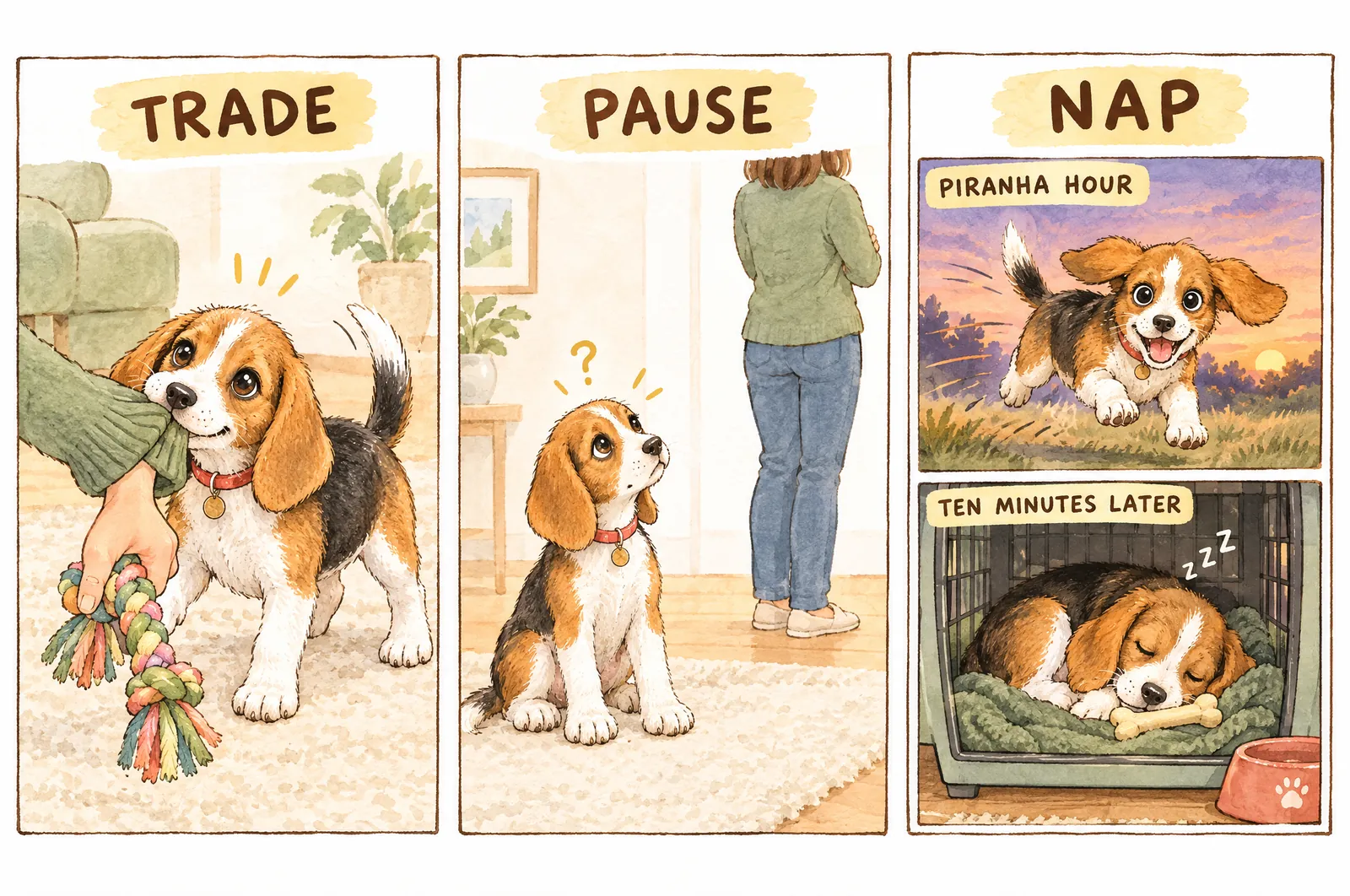 Three panels: Trade, Meatball swaps a sleeve for a rope toy; Pause, a grown-up turns away; Nap, a wild puppy at dusk, then asleep in his crate ten minutes later