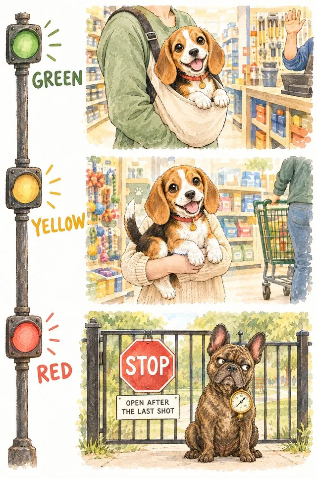 Watercolor traffic light: green, Meatball in a sling at the hardware store; yellow, held above a pet-store floor; red, Tank guarding a dog park gate marked open after the last shot