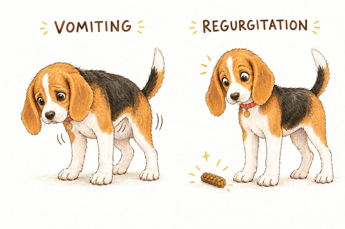 Two panels of Meatball. Vomiting: he's hunched with his belly squeezing and motion lines. Regurgitation: he stands calmly looking surprised at a neat tube of kibble that has just appeared in front of him.