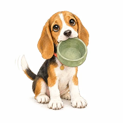 Meatball the Beagle puppy sitting up with an empty green food bowl in his mouth.