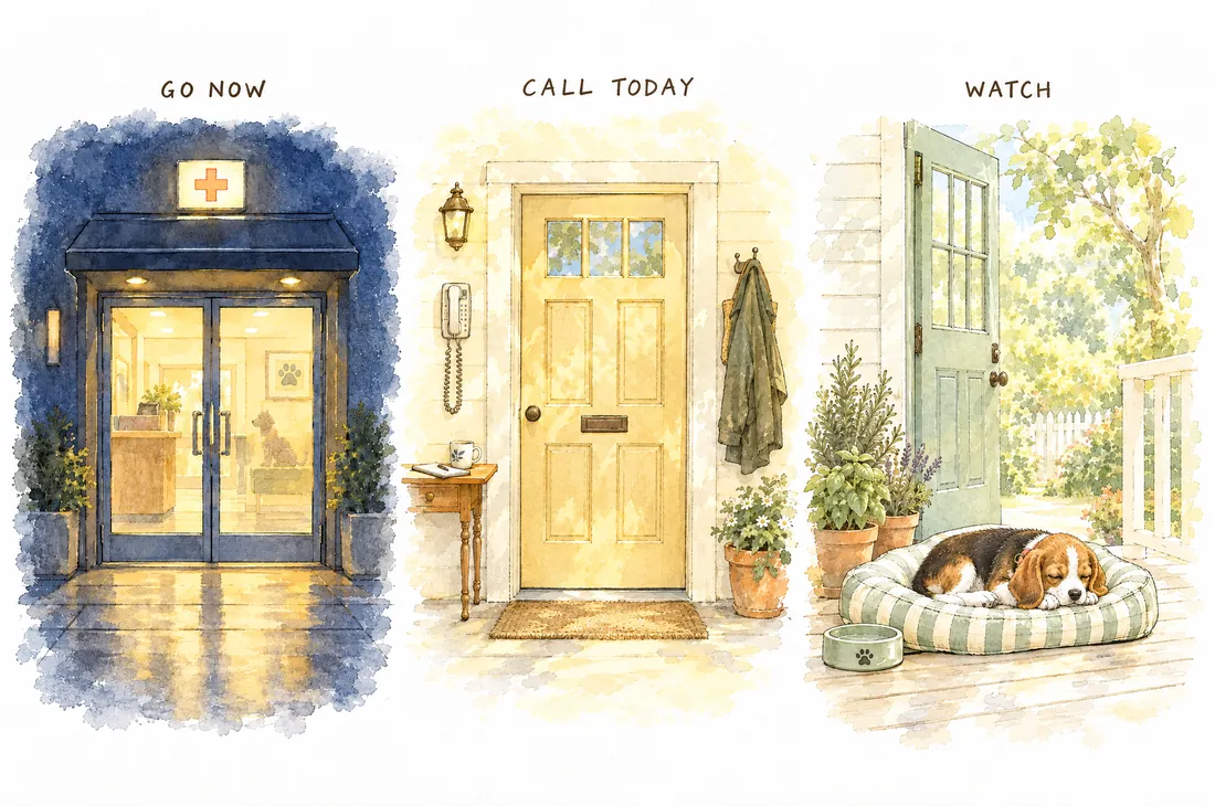 Three doors in watercolor. GO NOW: an animal emergency hospital's glass doors at night. CALL TODAY: a yellow front door in the morning with a wall phone. WATCH: a porch door open at noon, Meatball the Beagle puppy asleep in his bed.