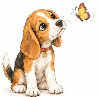 Meatball the Beagle puppy sitting and watching a butterfly