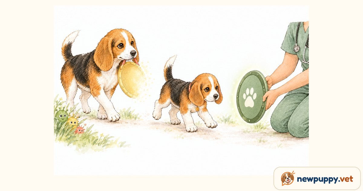 Watercolor of a mother Beagle carrying a fading yellow shield while a vet holds out a green one to Meatball the puppy